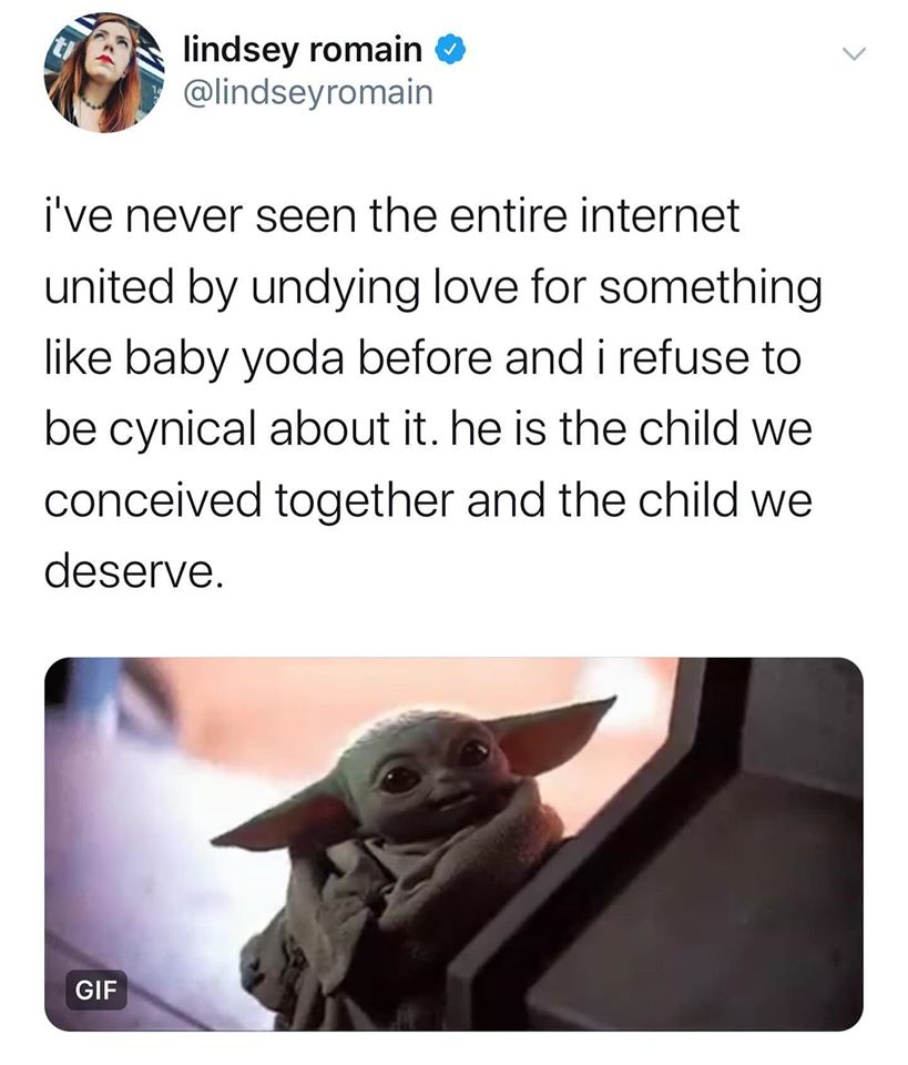 This meme is a screenshot of a tweet from a Twitter user named "lindsey" (@lindseyromain). The tweet reads: "I've never seen the internet united by a single thing like this before. I've never seen the internet united by a single thing like this before. I've never seen the internet united by a single thing like this before." The meme is a humorous commentary on the widespread popularity of the Star Wars character Baby Yoda, also known as "The Child" from the Disney+ series "The Mandalorian".